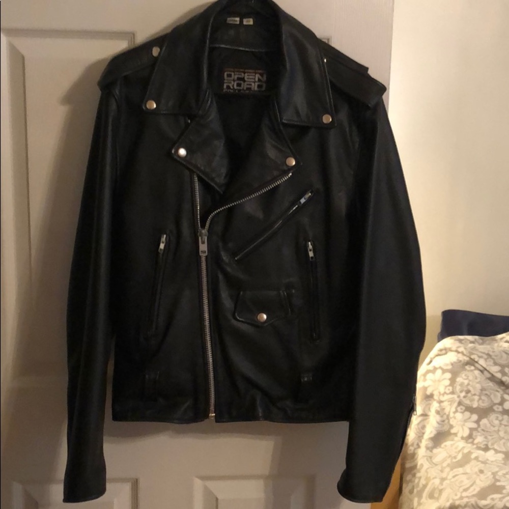 Women’s leather biker jacket.